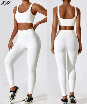2 Adet Beyaz Yoga Giyim Seti Kadınlar Yüksek Bel Tayt Takım Elbise Dikişsiz Koşu Eşofman Spor egzersiz kıyafetleri Spor Giyim Kız Üst