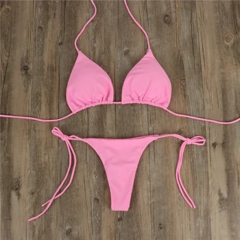 Kadın Seksi Tanga bikini seti Yan Halter Kravat Mayo Bayanlar Bölünmüş Kayış Ayarlanabilir Bandaj Tarzı Brezilyalı Mayo Beachwear