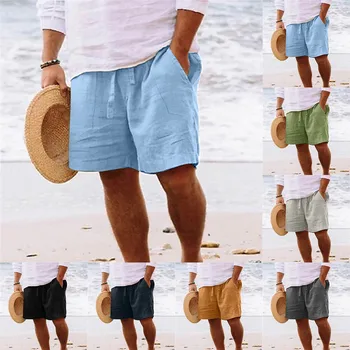 Pamuk Keten plaj şortu Cep Dantel Up Pantolon erkek Rahat Düz Renk Şort Pantalones Gym Fitness Spor Bermuda Şort