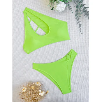 Seksi Tankini Yeşil Bir Omuz Mayo Bayanlar Düşük Bel Plaj Kıyafeti Biquini Kadın Bikini 2023 Mujer mayo Kadınlar için