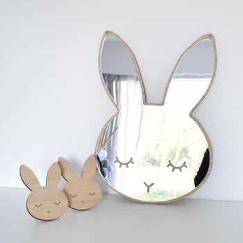 1 adet Karikatür Tavşan Şekli Ahşap Ayna Duvar Asılı Ayna Çocuk Odası Ev Akrilik Dekoratif Ayna Süsler Malzemeleri