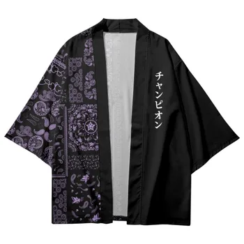 Erkekler Japon Mektup Hırka Eşarp Baskı Ekleme Kimono Kaju Trend Sokak Çiçekler Yarım Kollu Gömlek
