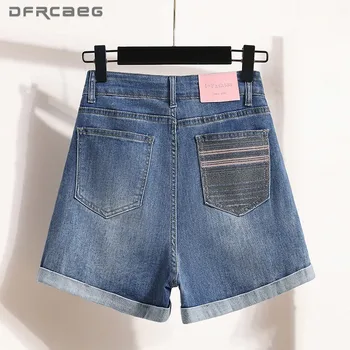 Patchwork Cepler Nakış Yaz Kot Şort Kadın 2023 Yüksek Bel Streetwear Stil Sıkma Denim Sıcak Kısa Pantolon Bayan