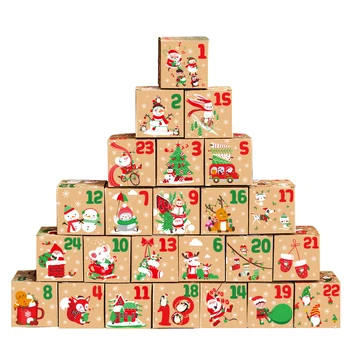 24 adet Vintage Noel Kraft Kağıt Kutuları DIY Advent Takvimi Tedavi Kutusu Noel Geri Sayım Takvim Hediye Kutusu Parti İyilik Malzemeleri