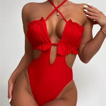 Trend Kırmızı Bikini Dantelli İpli Mayo Cut Out Sapanlar Halter Mayo plaj kıyafeti Bikini Seti Kadın mayo Mayolar