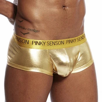 Pinky Senson Erkek Boksörler Parlak Boxershort Altın Suni Deri Külot Performans Iç Çamaşırı Boxer Calsones Homme S04BO