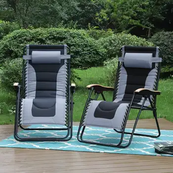 2 yastıklı Sıfır Sandalye XL Katlanır Açık Veranda Recliner Ayarlanabilir Kafalık ve Bardak Tutucu, Gri