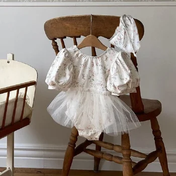 Kız Mayo Elbise Çocuk Çiçek Baskı Kabarcık Prenses Mayo Bebek Kız Örgü Etek Tulum Mayo + şapka Mayo