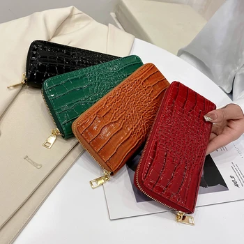 Kadın uzun cüzdan Yeni Patent Deri Timsah Desen Bayanlar Çoklu kart Cep İnce Moda Kadın Çanta Carteras Para Mujer