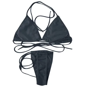 Kadın Ultra İnce Elastik Tanga bikini seti Yan Kravat Seksi Düz Renk Mayo Bandaj Tarzı Brezilyalı Mayo biquinis feminin