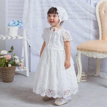 2023 Bebek Giysileri 0 İla 12 Ay Bebek Kısa Kollu Beyaz Dantel Elbiseler Yenidoğan Prenses Vaftiz Elbise Şapka Kız Uzun Etek