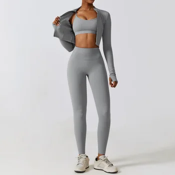 Kadın Yoga Seti 3 Parça Spor Ceket Yoga Sutyen Yüksek Bel Yoga Spor Tayt Hızlı Kuru Nefes Spor Seti