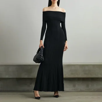23 yeni niş streç seksi İnce fishtail elbise siyah bir boyun straplez mizaç örme elbise kadın