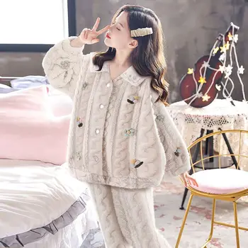 Bebek Kız Giyim Çocuk Pijama Setleri Mercan Polar Sonbahar Kış 2023 Yeni Kalınlaşmak Tatlı Düz Renk Tek Göğüslü İşlemeli