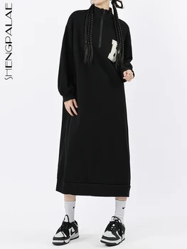 SHENGPALAE Mektup Nakış Kazak Elbise Kadınlar İçin Moda Standı Yaka Fermuar Rahat Düz Elbise Sonbahar 2023 Yeni 5R4953