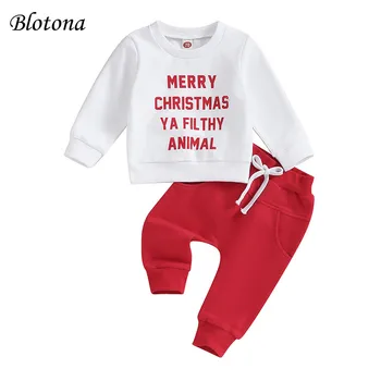 Blotona Toddler Erkek Bebek Kız Noel Giysileri Mektup Baskı Uzun Kollu Kazak Elastik Bel Pantolon 2 Adet Sıcak Kıyafet 0-3Years