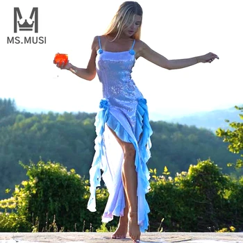 MSMUSI 2023 Yeni Moda Kadınlar Seksi Askı Sequins Çiçek Ruffles Dökümlü Kat Kolsuz Bodycon Parti Kulübü Maxi Elbise Uzun Elbise