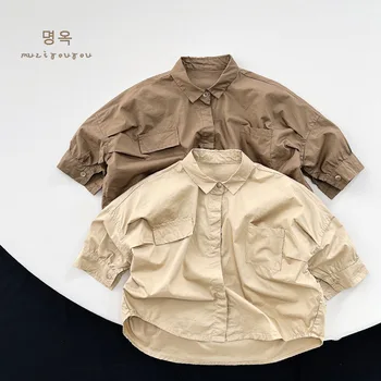 2023 Kore Bahar Sonbahar Bebek Erkek Gömlek Pamuk Katı Turn Down Yaka Üstleri Gevşek Vintage Çocuk Boys Kıyafet