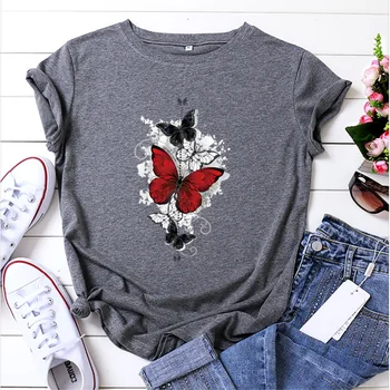 Yaratıcı 5 büyük kelebekler Baskılı grafik t shirt bayan Kısa kollu tee Moda Trendi kadın pamuklu tişört