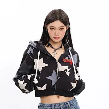 Y2K Yıldız Baskı Kırpma Hoodies Kadın Moda Streetwear Gevşek Tüm Maç Fermuar Hırka Giyim Sonbahar Kore Rahat Tişörtü