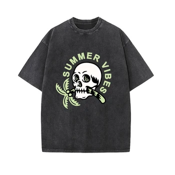 Harajuku Testere Adam T Shirt Erkek Hip Hop Vintage Yıkanmış Büyük Boy Anime T Shirt Kadın Streetwear Tee Kafatası %100 % pamuklu tişört