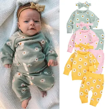 Bebek Bebek Kız Bahar Güz Kıyafetler Papatya Baskı Kazak Kazak Tops Gömlek cep pantolon seti Tatlı bebek Setleri