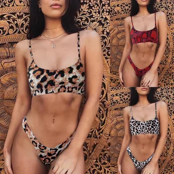 Seksi Mayo Kadınlar Yüksek Bel Bikini mayo Kadın Moda Leopar Baskı Push-Up Yastıklı Sütyen Plaj bikini seti Mayo