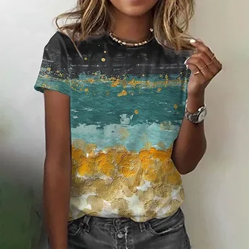 Vintage 3d Baskı T Shirt Kadınlar İçin 2023 Yaz Rahat Gevşek Kısa Kollu Tee Bayanlar Moda Yuvarlak Boyun T Gömlek Bluz Elbise