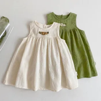 Yaz Bebek Kız Elbise Nakış Kolsuz Ruffles Toddler Kız Elbise Rahat Çocuklar pamuklu elbiseler Bebek Kız Giyim