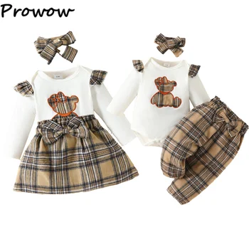 Prowow 0-18M Sonbahar Kış İkizler Bebek Kız Giysileri Set Karikatür Ayı Romper ve Ekose Etek / Pantolon Yenidoğan Kız Doğum Setleri