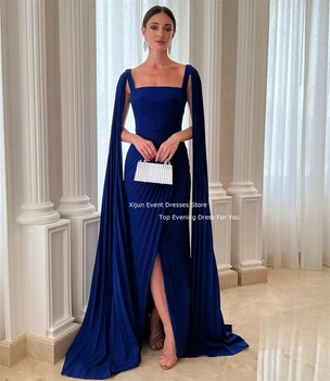 Xijun Mavi Zarif Abiye Yarık Balo Abiye Örgün Durum balo kıyafetleri Pelerin Kollu Suudi Arabric Dubai 2023 Kadınlar İçin