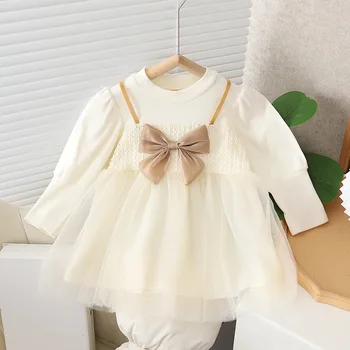İlkbahar Sonbahar Yenidoğan Bebek Giysileri Prenses Yay Uzun Kollu Elbise Yürümeye Başlayan Kız Giyim 1 Yıl Bebek doğum günü partisi elbisesi