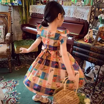2023 Bebek Kız yaz elbisesi Ekose Çiçekler moda Kız Çocuklar Doğum Günü Prenses Elbiseler Çocuklar Vestidos Çocuk Giysileri