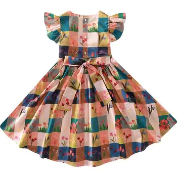 2023 Bebek Kız yaz elbisesi Ekose Çiçekler moda Kız Çocuklar Doğum Günü Prenses Elbiseler Çocuklar Vestidos Çocuk Giysileri