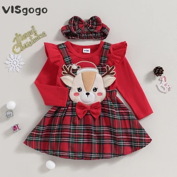 VISgogo 3 Adet Bebek Kız Giysileri noel kıyafeti Fırfır Uzun Kollu Romper Karikatür Elk Nakış Ekose A-Line Etek Kafa Bandı