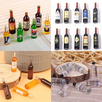 5 adet Dollhouse Minyatür Ürünler Simülasyon Bira Şişesi Mini şarap şişesi Şeffaf şarap şişesi Bebek Evi Aksesuarları Masaüstü Süs