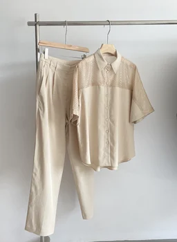 Kadın Gömlek Pantolon Setleri Kısa Kollu Yaka Şerit Bluzlar + Geniş Bacak Pantolon günlük pantolon Zarif Kadın Giyim 2 adet