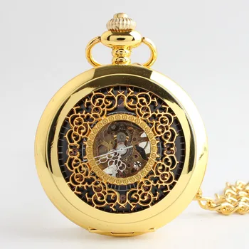 5 ADET Lüks Mekanik cep saati Erkekler için Erkek İskelet Steampunk Orologio Adam Fob Zinciri Saatler Çiçek İçi Boş Altın Eski Saat