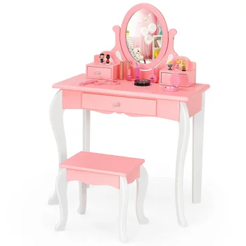 Makyaj tuvalet masası tabure seti Ayna Çekmeceli, Pembe, Kıdemli Duygusu küçük depolama dolabı Entegre makyaj masası