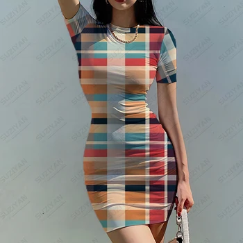 2023 Yeni Yaz Moda Bayan Elbise Ekose Şerit 3D Baskı Elbise Seksi Basit Bodysuit Yuvarlak Boyun Ofis Tatil Elbise