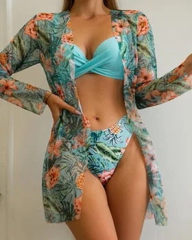 Seksi kadın Mayo 2023 Kadın Yüksek Bel 3 Parça Bikini Setleri Mayolar Mayo Çiçek Baskı V Yaka Bikini Beachwear
