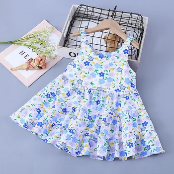 Toddler Elbise Bebek İnce Tarzı Askı Elbise Nefes Sevimli Mavi Karikatür Çiçek Desenli Kızlar İçin 6 Çiçek Kız Elbise