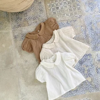 2023 Yaz Bebek Kız kısa kollu tişörtler Katı Pamuk Nefes Toddler Kız Bebek Yaka Tee Gömlek Çocuklar Puf Kollu Üstleri
