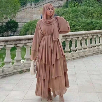 Dubai Türkiye Arap Abaya Şifon Kimono Kadınlar için Müslüman Düz Renk 3 Kat Açık İslam Giyim müslüman kıyafetleri Hırka