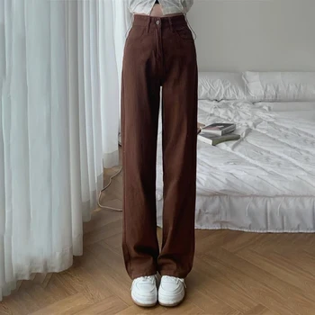 Yaz Kadın Kahverengi Kot Yüksek Bel Gevşek Düz Geniş Bacak Denim Kadın Y2k Casual Streetwear Vintage Baggy Pantolon