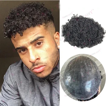 12mm Erkekler Afro Kıvırcık Peruk gerçek insan saçı Erkek Peruk Süper Dayanıklı Pu Taban Değiştirme Sistemi Saç Protezi Mikro Postiş