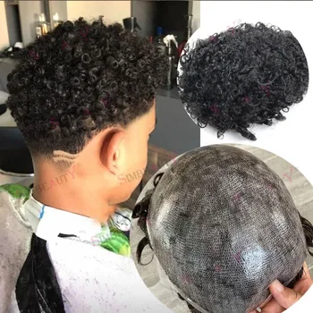 12mm Erkekler Afro Kıvırcık Peruk gerçek insan saçı Erkek Peruk Süper Dayanıklı Pu Taban Değiştirme Sistemi Saç Protezi Mikro Postiş