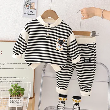 Kore Moda Erkek Bebek Giysileri Set Bahar Sonbahar Karikatür Çizgili Uzun Kollu T-shirt üstler ve pantolonlar Çocuk Takım Elbise Erkek Kıyafetler