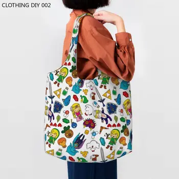 Özel Zeldas Renkli Desen Tuval Alışveriş Çantaları Kadın Dayanıklı Büyük Kapasiteli Bakkaliye Video Gamer Alışveriş Bez Çantalar Çanta