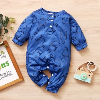 0-2Years Bebek Erkek Düğme Mavi Romper Güzel Karikatür Süt Şişeleri Uzun Kollu Tulum Toddler Erkek Bebek Bahar Sonbahar giyim
